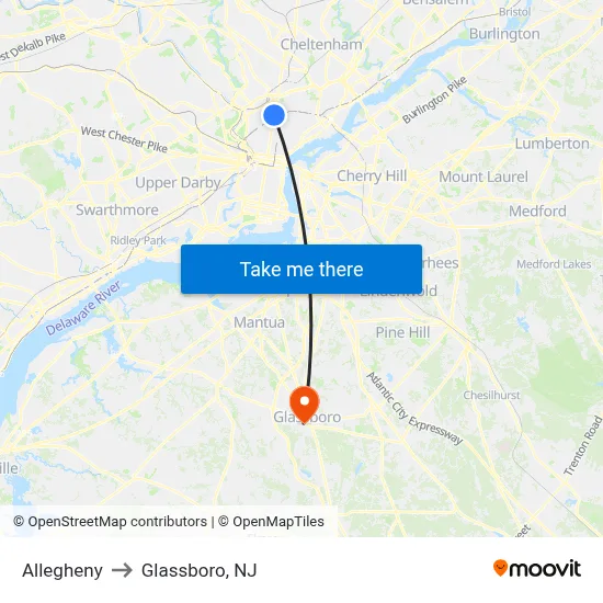 Allegheny to Glassboro, NJ map