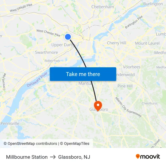 Millbourne Station to Glassboro, NJ map