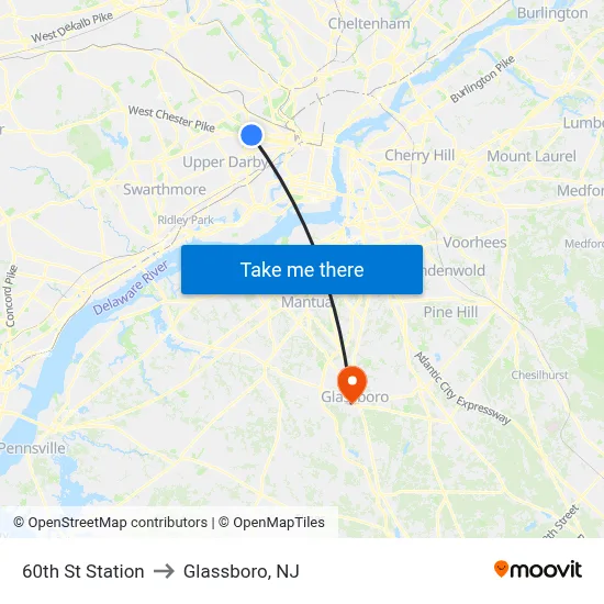 60th St Station to Glassboro, NJ map