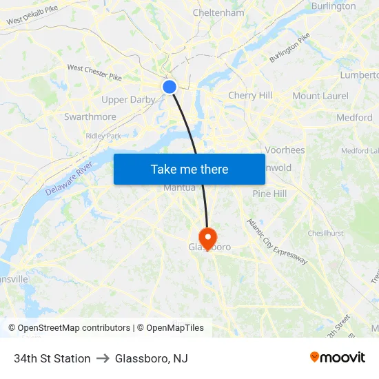 34th St Station to Glassboro, NJ map
