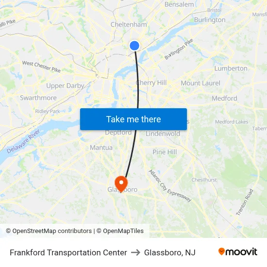 Frankford Transportation Center to Glassboro, NJ map