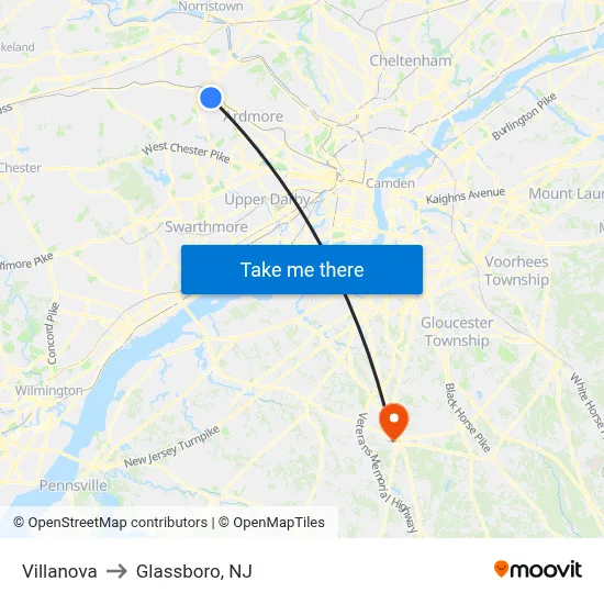 Villanova to Glassboro, NJ map