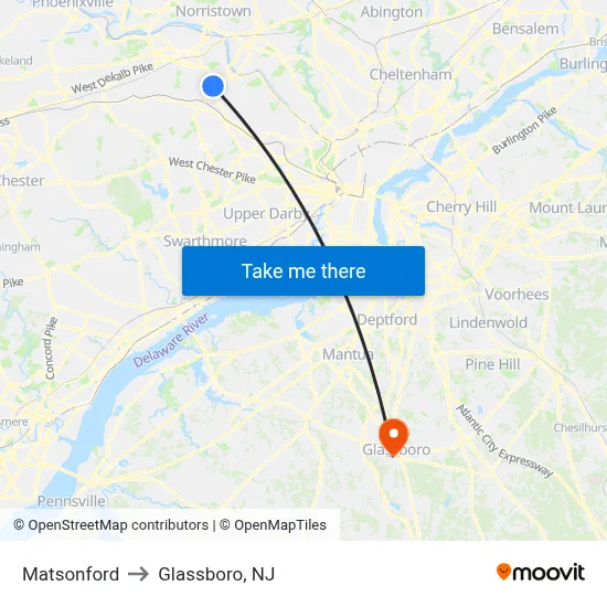 Matsonford to Glassboro, NJ map