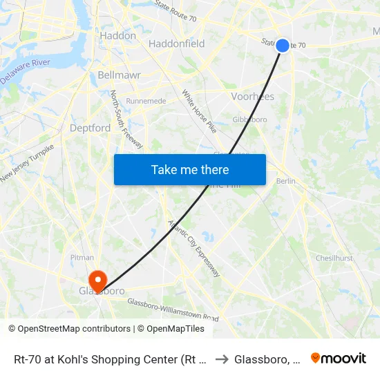 Rt-70 at Kohl's Shopping Center (Rt 73) to Glassboro, NJ map