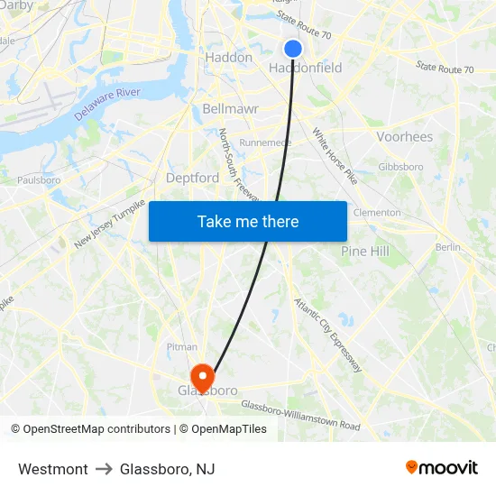 Westmont to Glassboro, NJ map