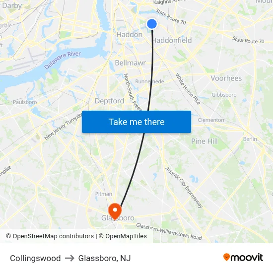 Collingswood to Glassboro, NJ map