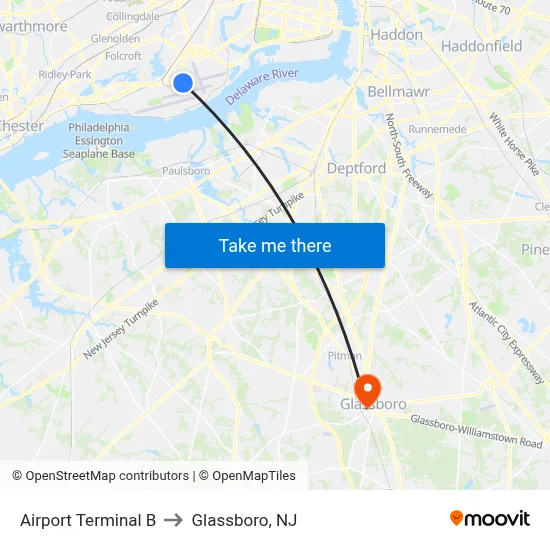 Airport Terminal B to Glassboro, NJ map