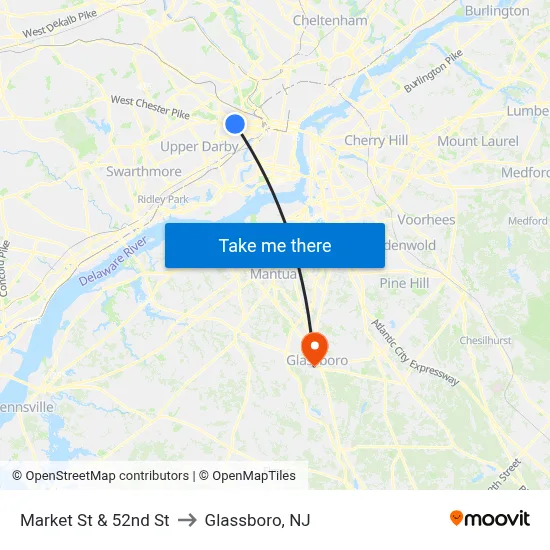 Market St & 52nd St to Glassboro, NJ map