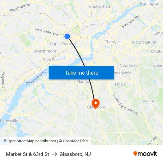 Market St & 63rd St to Glassboro, NJ map