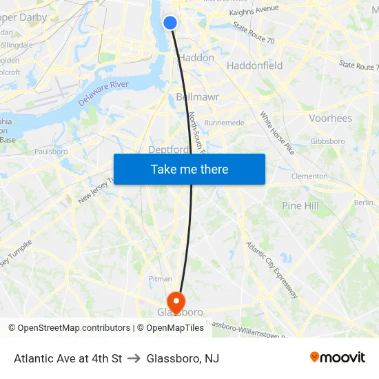 Atlantic Ave at 4th St to Glassboro, NJ map
