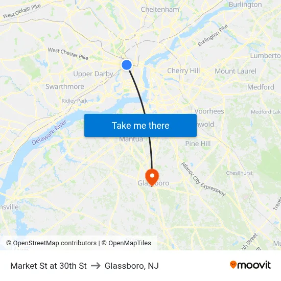 Market St at 30th St to Glassboro, NJ map