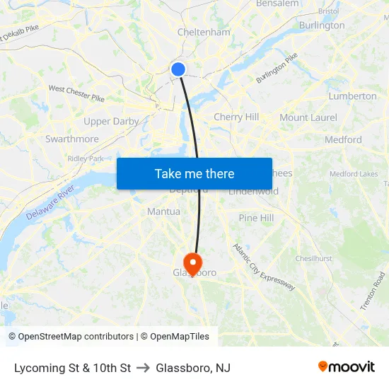Lycoming St & 10th St to Glassboro, NJ map