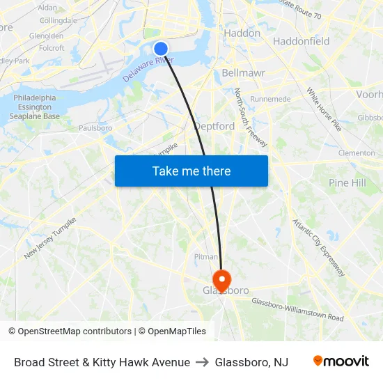 Broad Street & Kitty Hawk Avenue to Glassboro, NJ map