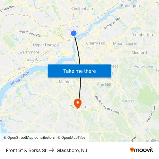 Front St & Berks St to Glassboro, NJ map