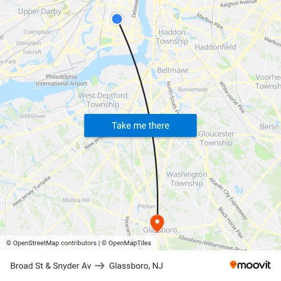 Broad St & Snyder Av to Glassboro, NJ map