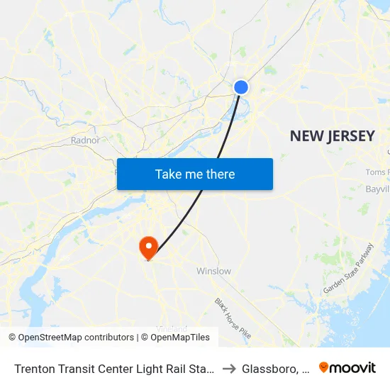 Trenton Transit Center Light Rail Station to Glassboro, NJ map