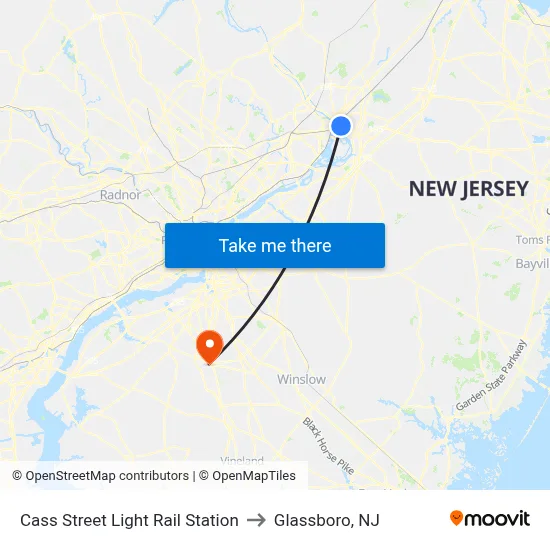 Cass Street Light Rail Station to Glassboro, NJ map