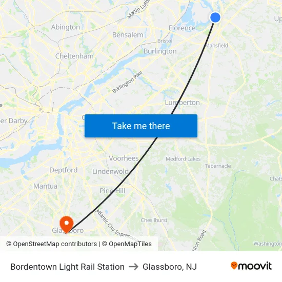 Bordentown Light Rail Station to Glassboro, NJ map