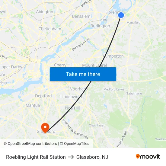 Roebling Light Rail Station to Glassboro, NJ map