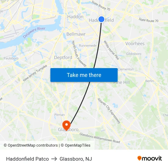 Haddonfield Patco to Glassboro, NJ map