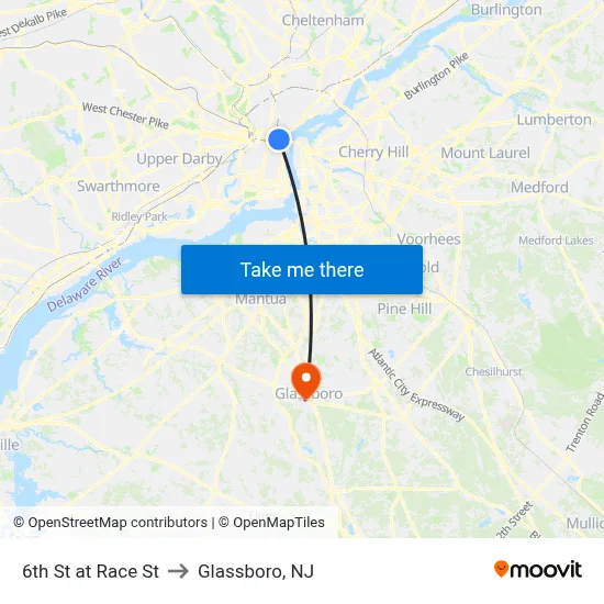 6th St at Race St to Glassboro, NJ map