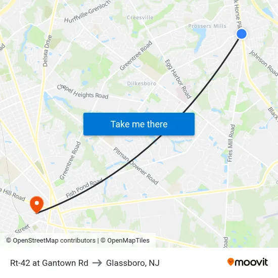 Rt-42 at Gantown Rd to Glassboro, NJ map