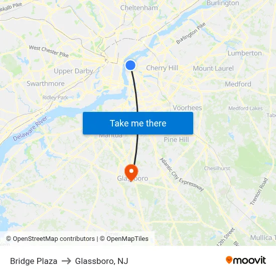 Bridge Plaza to Glassboro, NJ map