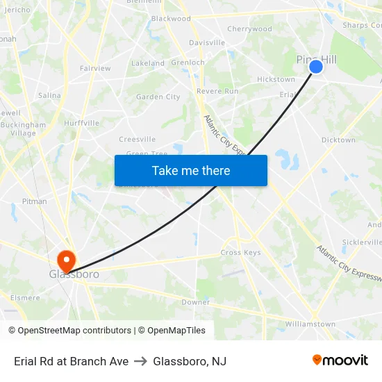 Erial Rd at Branch Ave to Glassboro, NJ map