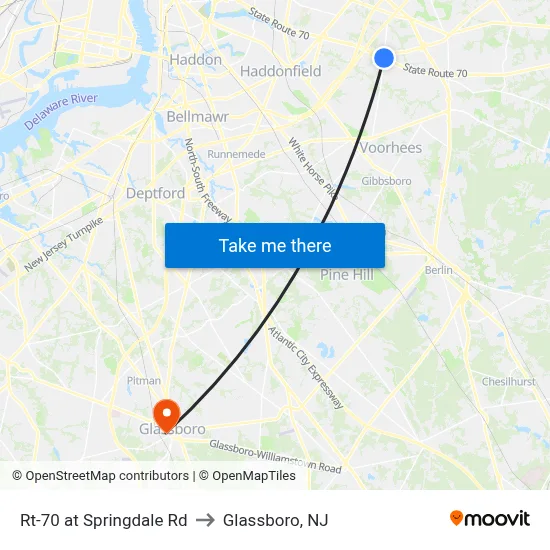 Rt-70 at Springdale Rd to Glassboro, NJ map