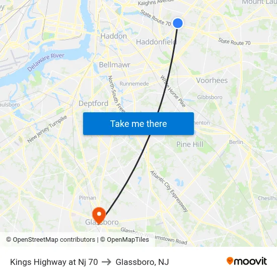 Kings Highway at Nj 70 to Glassboro, NJ map