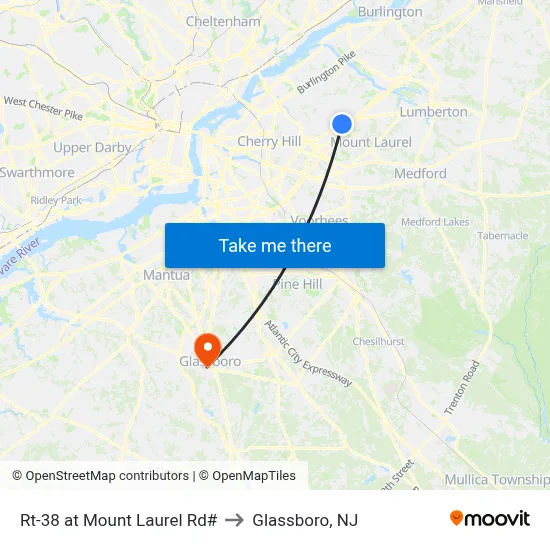 Rt-38 at Mount Laurel Rd# to Glassboro, NJ map