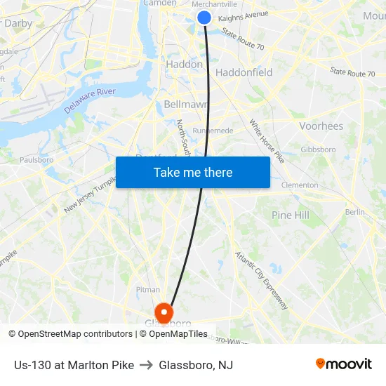 Us-130 at Marlton Pike to Glassboro, NJ map
