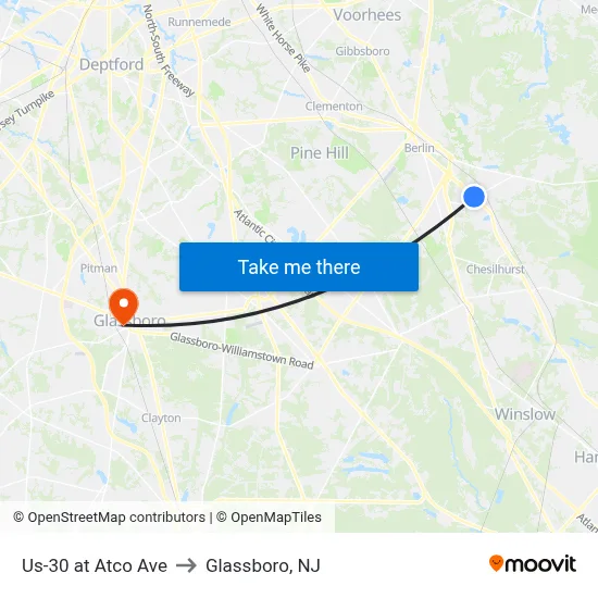 Us-30 at Atco Ave to Glassboro, NJ map