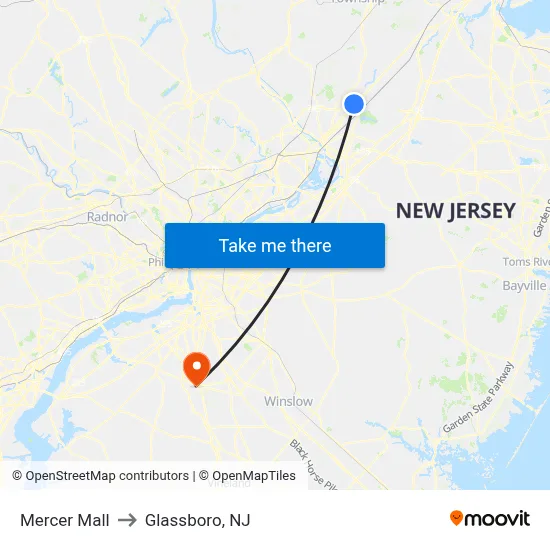 Mercer Mall to Glassboro, NJ map