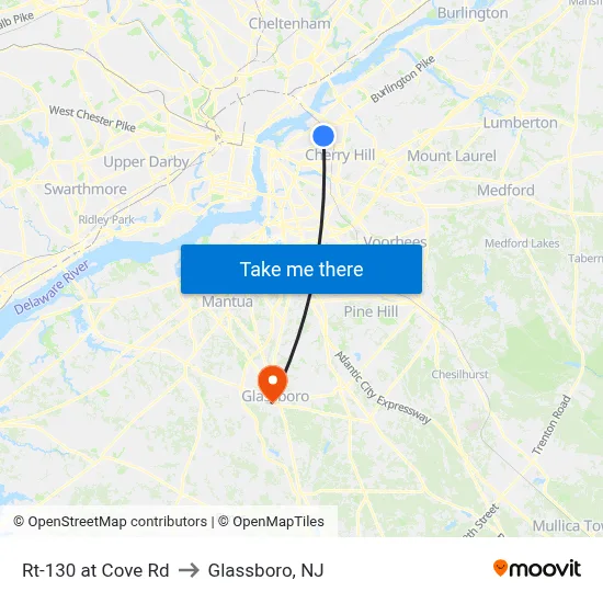 Rt-130 at Cove Rd to Glassboro, NJ map
