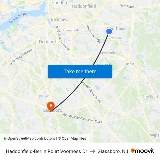 Haddonfield-Berlin Rd at Voorhees Dr to Glassboro, NJ map