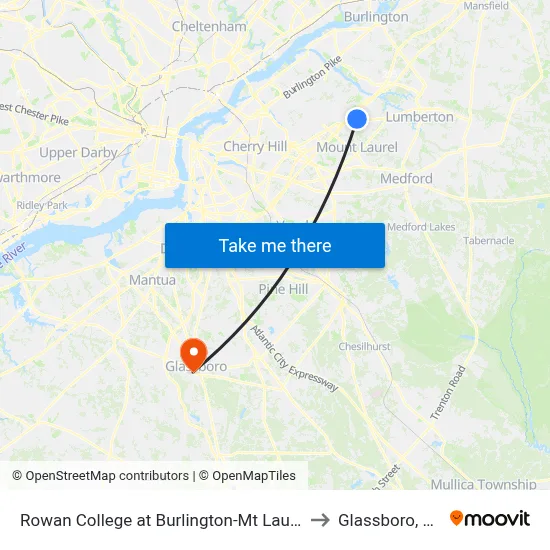 Rowan College at Burlington-Mt Laurel to Glassboro, NJ map