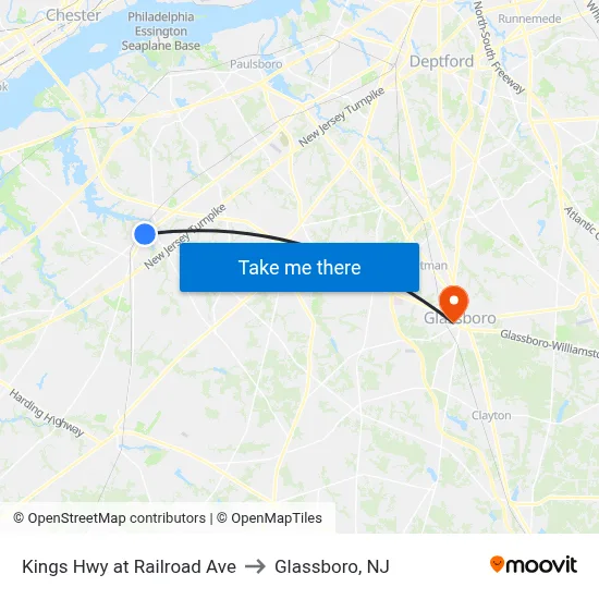 Kings Hwy at Railroad Ave to Glassboro, NJ map
