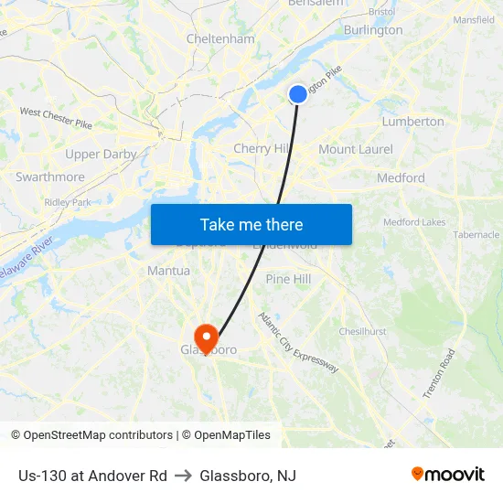 Us-130 at Andover Rd to Glassboro, NJ map