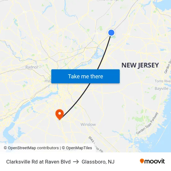 Clarksville Rd at Raven Blvd to Glassboro, NJ map