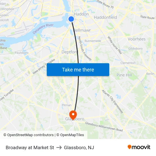 Broadway at Market St to Glassboro, NJ map
