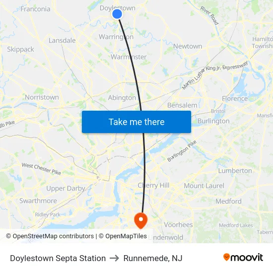 Doylestown Septa Station to Runnemede, NJ map