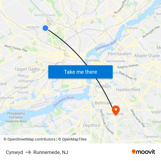 Cynwyd to Runnemede, NJ map