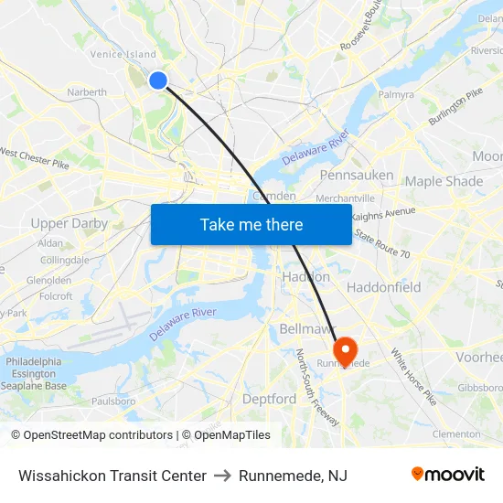 Wissahickon Transit Center to Runnemede, NJ map
