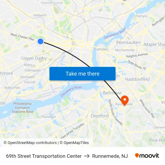 69th Street Transportation Center to Runnemede, NJ map