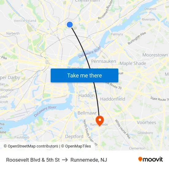 Roosevelt Blvd & 5th St to Runnemede, NJ map