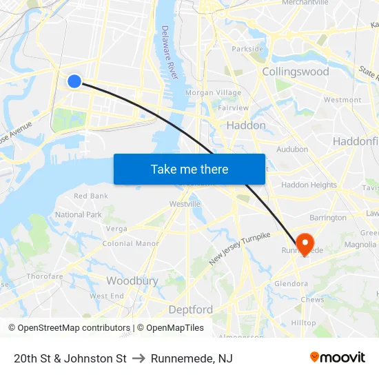 20th St & Johnston St to Runnemede, NJ map