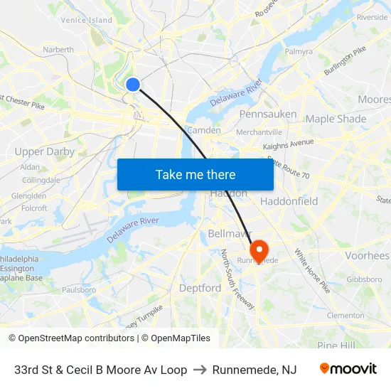 33rd St & Cecil B Moore Av Loop to Runnemede, NJ map