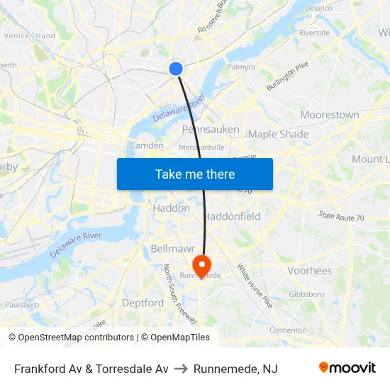 Frankford Av & Torresdale Av to Runnemede, NJ map