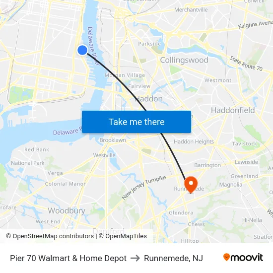 Pier 70 Walmart & Home Depot to Runnemede, NJ map